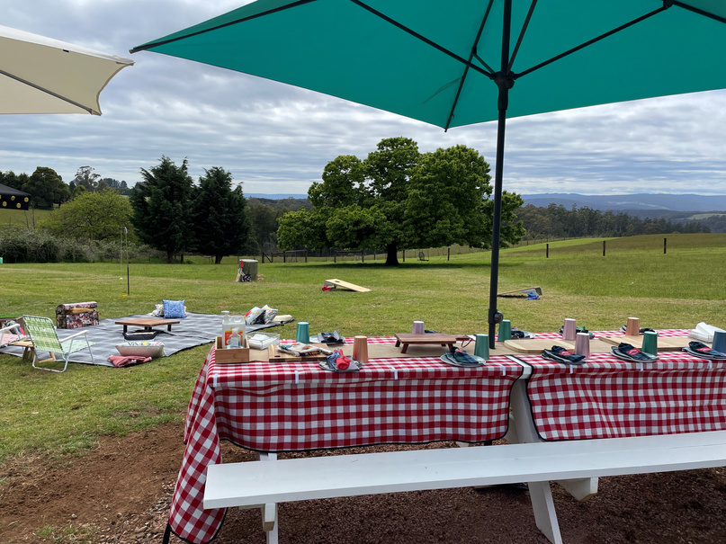 a picnic table in the middle of a field with a red and white checkered tablecloth